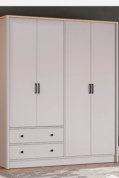 Palmera LAGOM 4 Kapaklı 2 Çekmeceli Gardırop Buz Gri - 177 cm Geniş MDF Profi...