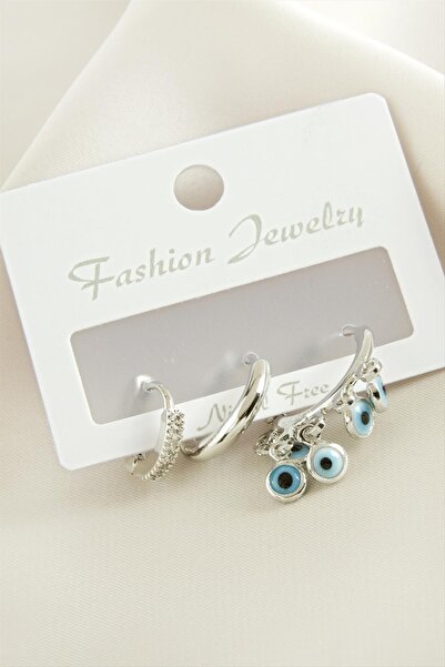 ZERO LAND Ilkeshop 3 Pcs Evil Eye Zircon Stone (02721) Earrings-Silver Color