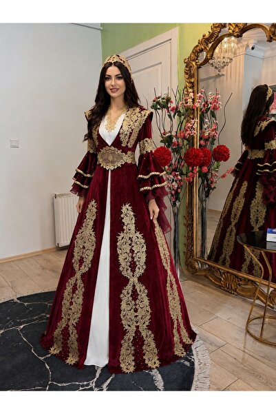 ZK ZÜMRÜT KAFTAN Bordo Altın Detay İşlemeli Kına Kaftanı