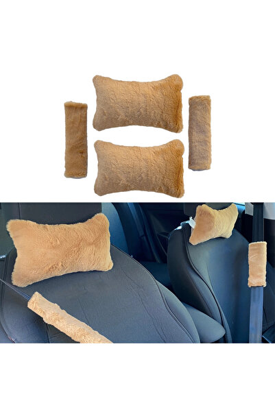 ARMÜZ Plush Orthopedic Car Travel Neck Pillow Seat Belt Pad Set Brown