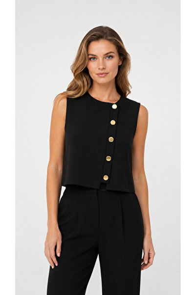 ibutik Gold Düğme Detaylı Siyah Kadın Yelek – Modern Minimal Stil