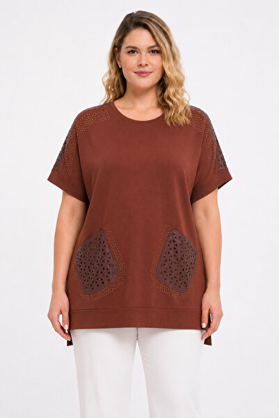 Şans Women's Plus Size Brown Blouse with Shoulder and Pocket Details, Stone E...