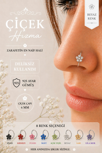 Sacce Scarves&Accessories 925 Ayar Gümüş Çiçek Halka Hızma Deliksiz ve Delikl...