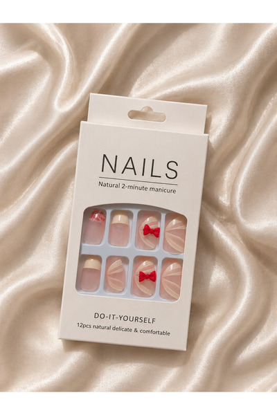 LUNIVRA Kırmızı Fiyonk Detaylı Nude Takma Tırnak Seti 12'li Press On Nail