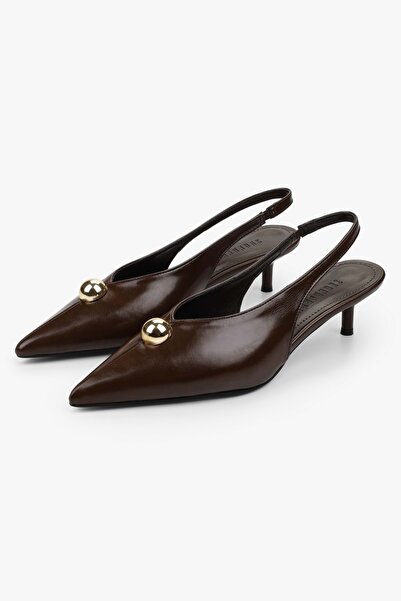 Shoeberry Women's Kaelis Brown Leather Gold Buckle Detailed Mini Heeled Stiletto