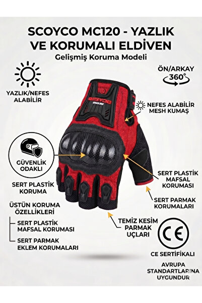 EKİPMANHANE MC12D KISA KESİK PARMAK PARMAKSIZ CE SERTİFİKALI KORUMALI MOTOSİK...