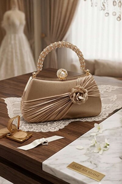 Generic Brand Satin Rose Flowered Pile-Pleated Evening Dress Bag, Handbag, Pe...