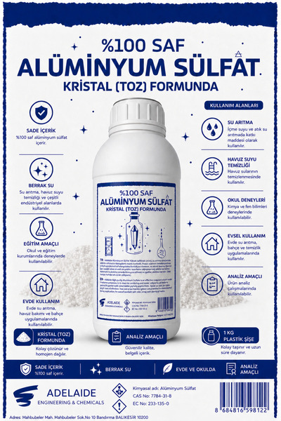 adelaide Alüminyum Sülfat 1 kg (Analiz Sertifikalı)