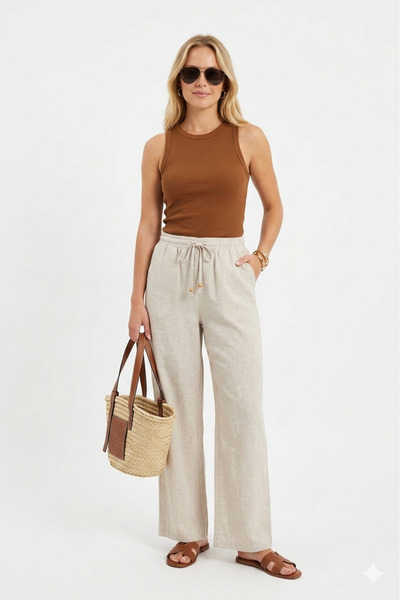 Hale Shop Keten Beli Lastikli Bol Paça Pantolon BEJ