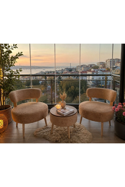 ADANUR DESIGN Lara Çay Seti İkili Koltuk Berjer ve Puf Takımı 3 lü Takım (Bal...