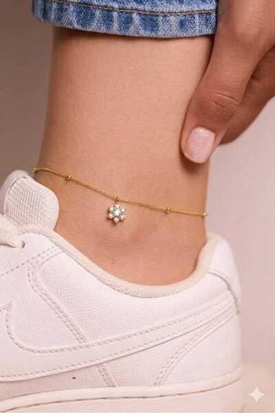 Papatya Silver 925 Ayar Gümüş Top Zincir Minimal Taşlı Çiçek Halhal.rose.gold...