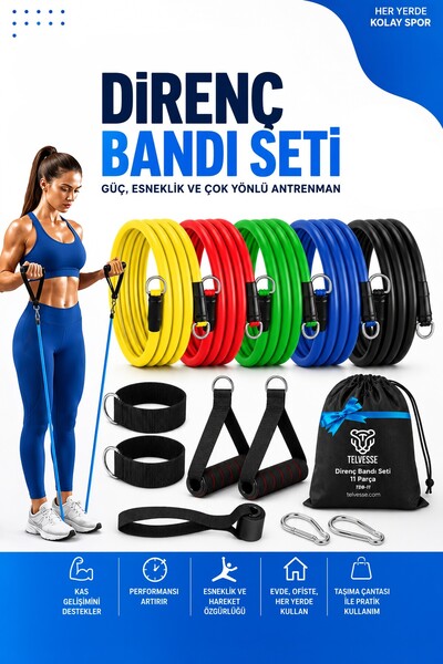 Direnç Bandı Seti Kas Geliştirme Çantalı Pilates Aerobik Egzersiz Spor Lastiği Resistance Bant 11 pc