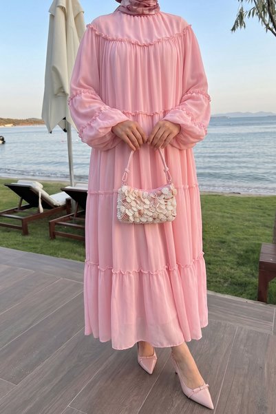 InStyle Drawstring Casual Pink Chiffon Dress