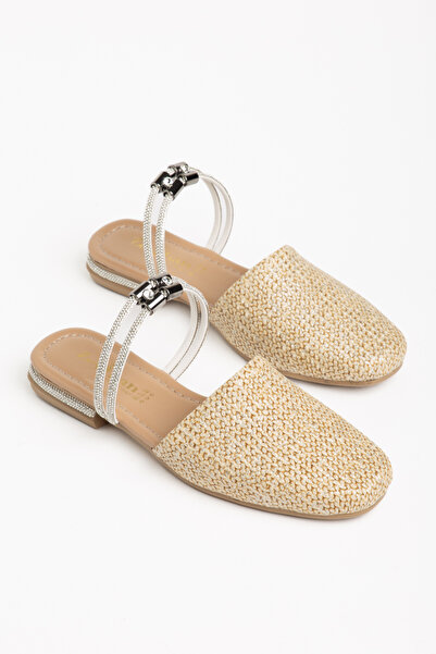 Dubais Shoes Kare Önü Kapalı Kadın Taşlı Günlük Hasır Sandalet & Terlik
