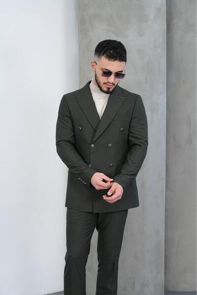 Dupont Slim Fit Erkek Sivri Yaka Çizgili Kruvaze Takım Elbise
