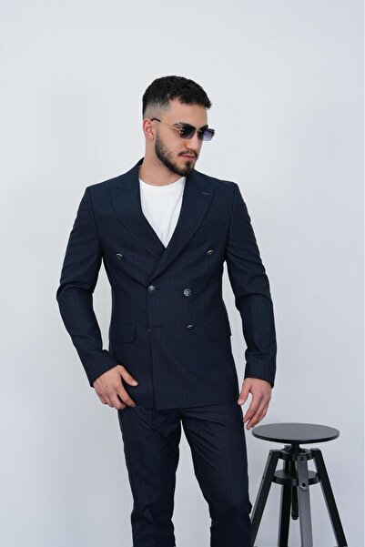Dupont Slim Fit Erkek Sivri Yaka Çizgili Kruvaze Takım Elbise