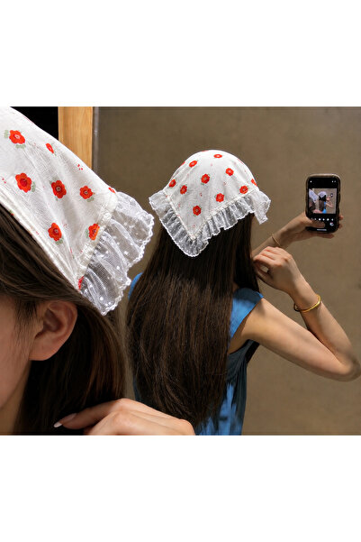 synshop Red Floral Tulle Polka Dot Korean Style Ruffle Triangle Crown Bandana...