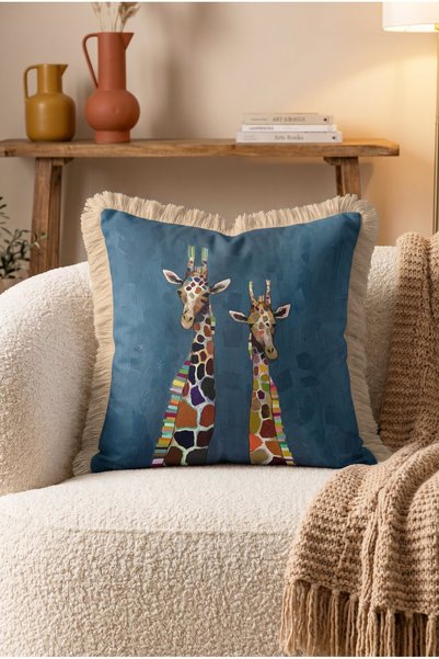IdeCraft Petrol Ground Colorful Two Giraffe Patterned Fringed Throw Pillow Co...