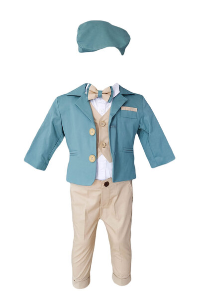 fantasialand Costum botez baieti 6 piese, model Randy, culoare verde-crem