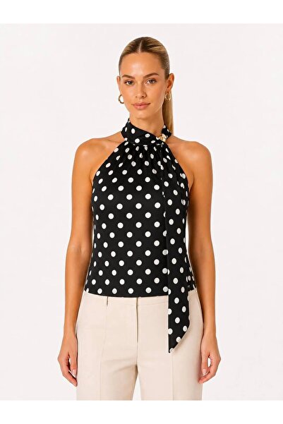 Park Karon Women's Scarf Detail Polka Dot Sleeveless Slimfit Knitted Blouse 2...