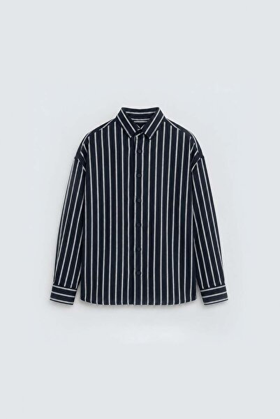 VAMOSCLO Striped Oversize Shirt Navy Blue