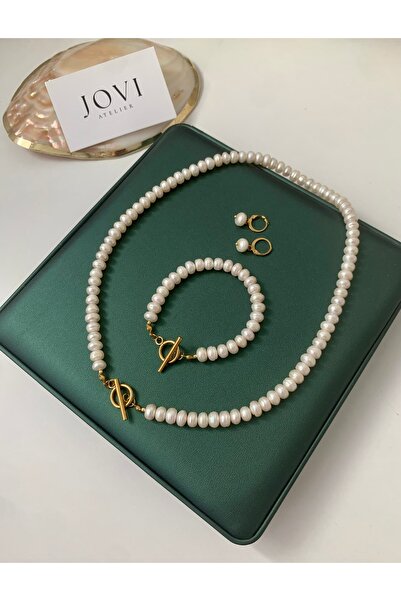 JOVİ ATELİER 60cm -Sertifikalı Doğal Rondela İnci Kadın Kolye Bileklik Küpe S...