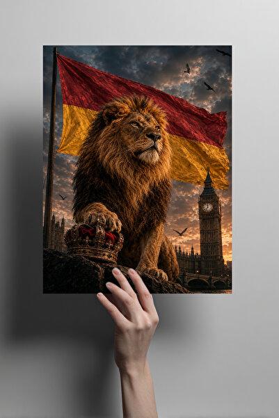 Metalino Aslan ve Sarı Kırmızı Bayrak Metal Poster – Taraftar Dekoratif Duvar...
