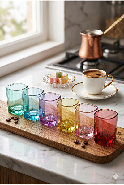 Homerest 6'lı Renkli Bohem Kahve Yanı Su Bardağı Seti 60 ml Çeyizlik Hediyeli...