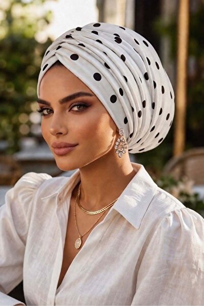Aişe tesettür White Black Polka Dot Double Layer Draped Loose Cap