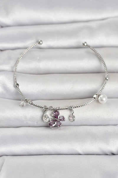 Eco Lounge Brass Silver Color Purple Butterfly Detailed Charm Women's Bracelet