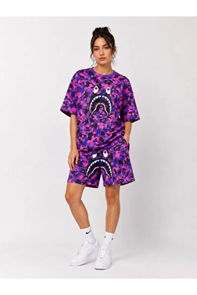 Generic Brand Oversized fit pubg bape x shark embroidered pocket shorts set -...