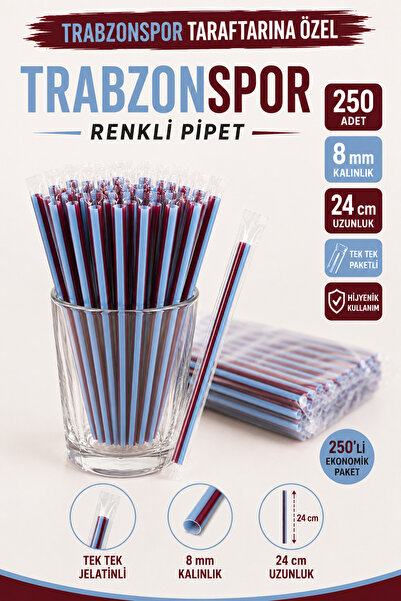 ardin TS Renkli Pipet 250 Adet 8 mm 24 cm Tek Tek Paketli Bordo Mavi Pipet