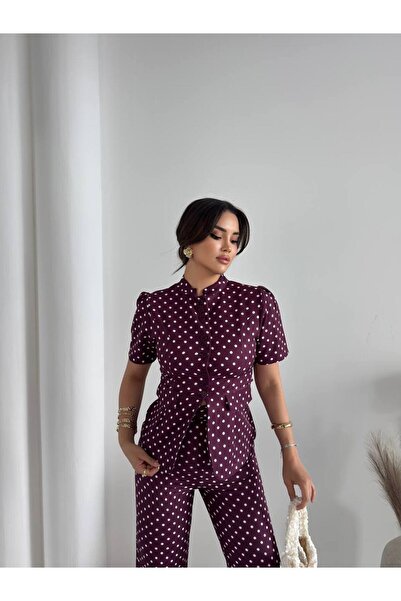 Helen Goods طقم نسائي من موديل ZRA للموسم الجديد بياقة منقطة وتصميم يناسب الخصر