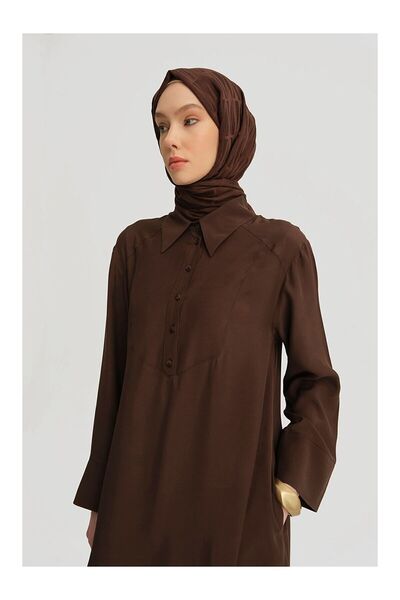 LC Waikiki Nevavm Asymmetrical Long Tunic Dress with Difference in Color Brown