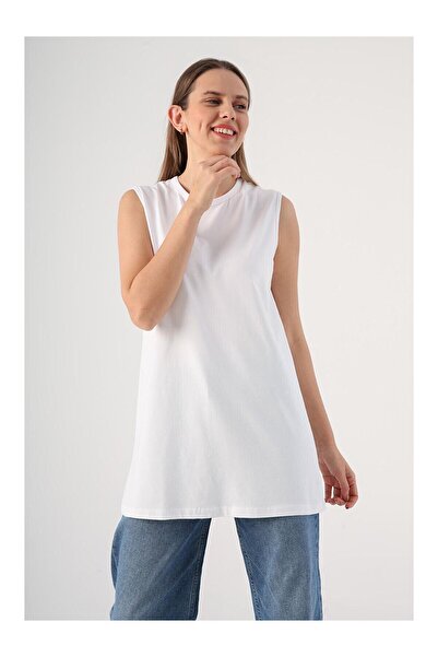 LC Waikiki Nevavm White Cotton Basic Sleeveless T-Shirt Tunic with a Difference