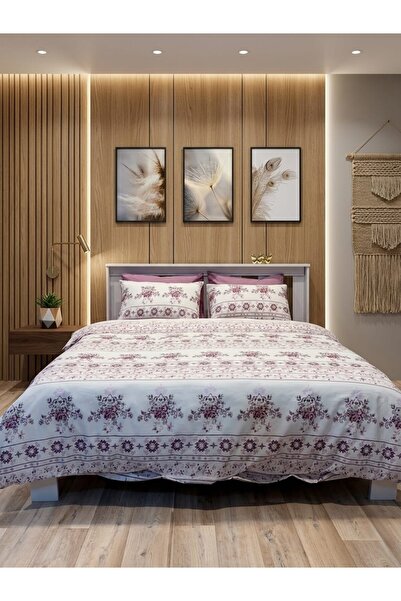 VİENNA Double Duvet Cover Set with Elastic Sheets and 4 Pillowcases Soft Text...