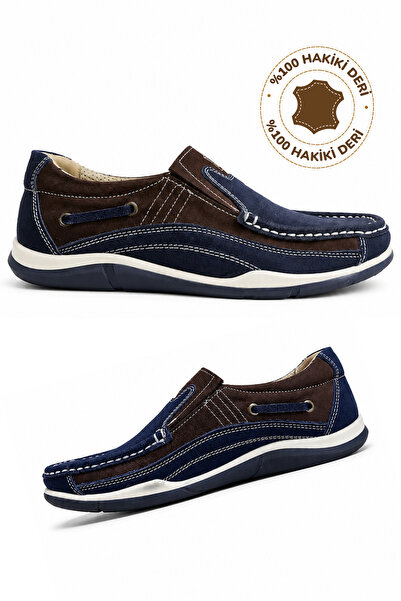 Ekonomik Ayakkabı Men's Genuine Leather Navy Blue Brown Laceless Casual Loafe...