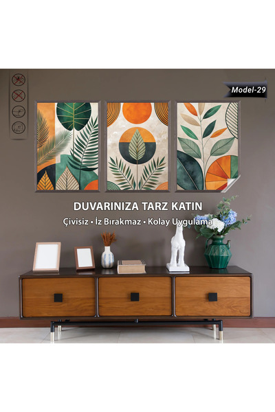 Tutunabilir Kağıt Statik Tutunma Özellikli 3’lü Modern Yaprak Desenli Tablo S...
