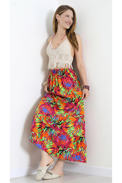 Aslında Look Patterned Viscose Women's Skirt with Elastic Waist, Summer Flowy...