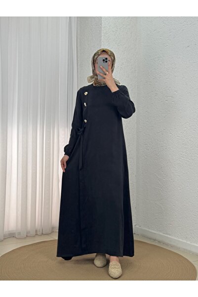 Holehola فستان سوناي 3 بأزرار ذهبية وربطة جانبية - MF1797 أسود