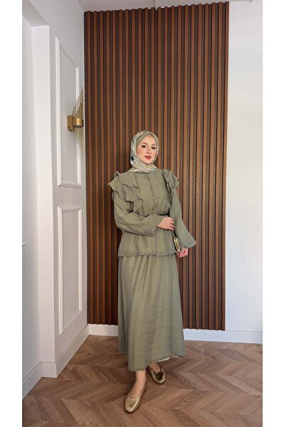 MEYSADESİGN Omzu Volanlı Tül Etekli Takım Ihlamur Yeşili