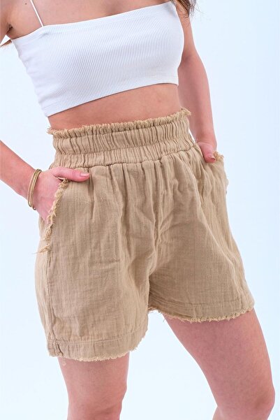 VELİZADE Women's Beige Shorts High Waist Tassel Detailed Washed Muslin Look S...