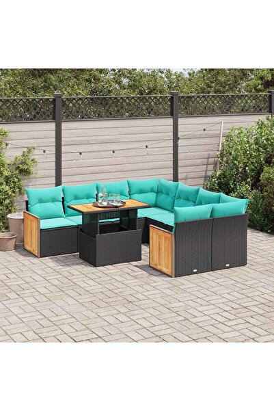 vidaxl Set mobilier gradina perne 9 piese negru poliratan/lemn acacia