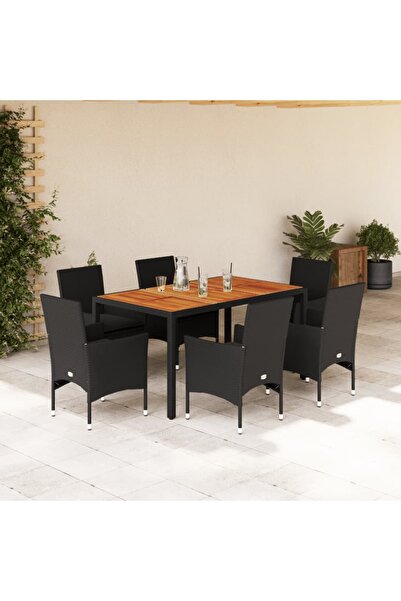 vidaxl Set mobilier gradina perne 7 piese negru poliratan/lemn acacia