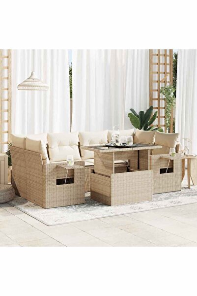 vidaxl Set canapele de gradina, 7 piese, cu perne, bej, poliratan