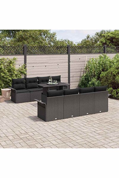 vidaxl Set de canapele pentru gradina cu perna 9 pcs Negru Poli Rattan