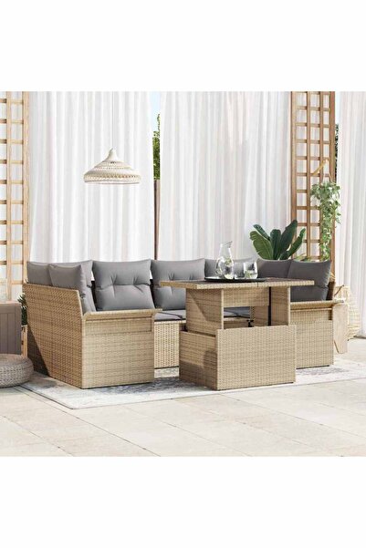 vidaxl Set de canapele pentru gradina cu perna 7 pcs Bej Rattan poli