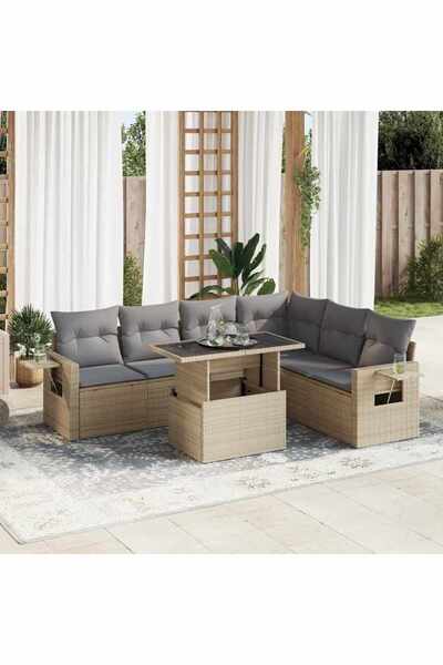 vidaxl Set canapele de gradina, 7 piese, cu perne, bej, poliratan