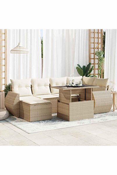 vidaxl Set canapele de gradina, 7 piese, cu perne, bej, poliratan