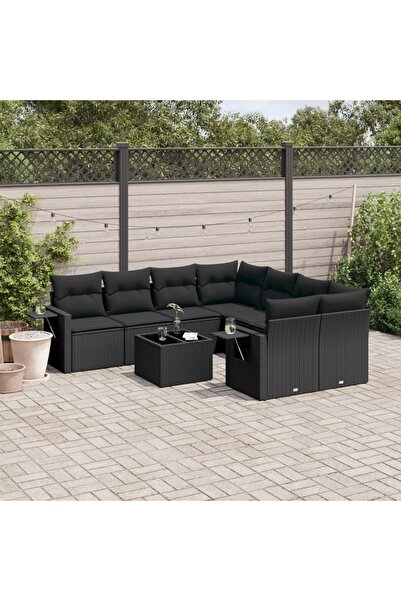vidaxl Set mobilier de gradina cu perne, 9 piese, negru, poliratan